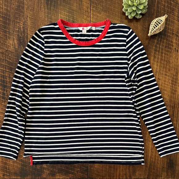 Boden | Breton Navy & White Cotton Long Sleeve Tee w/Red Trim Crewneck, Size 10 - Picture 2 of 8